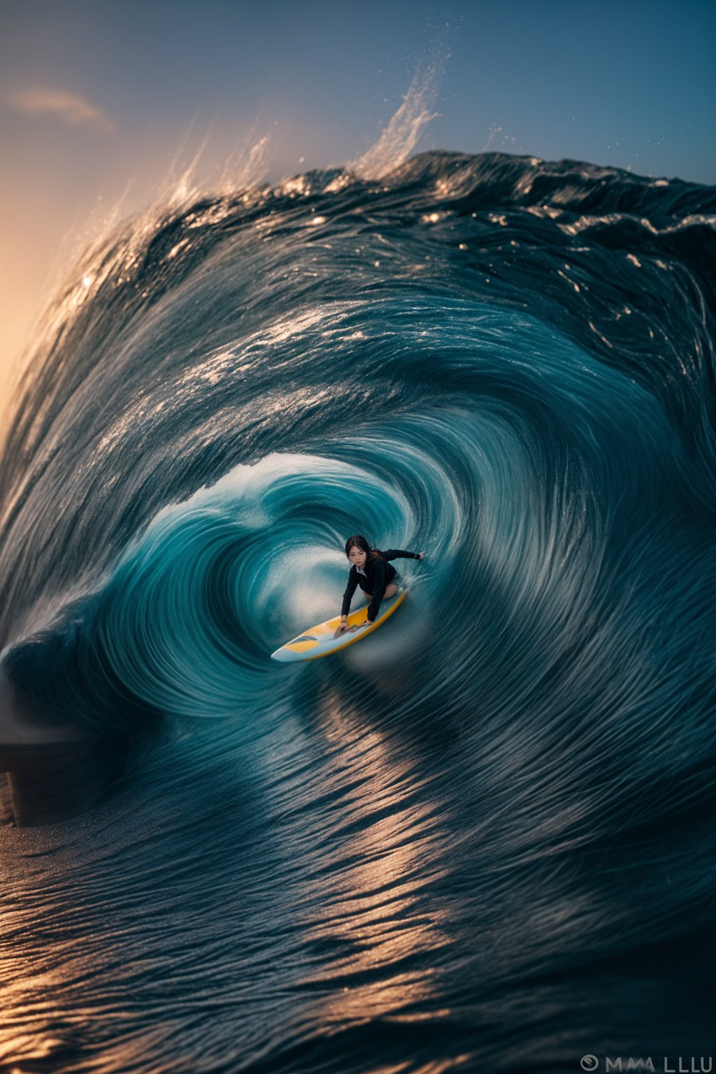 woman as individual surfing a massive wave in a clear, blue ocean