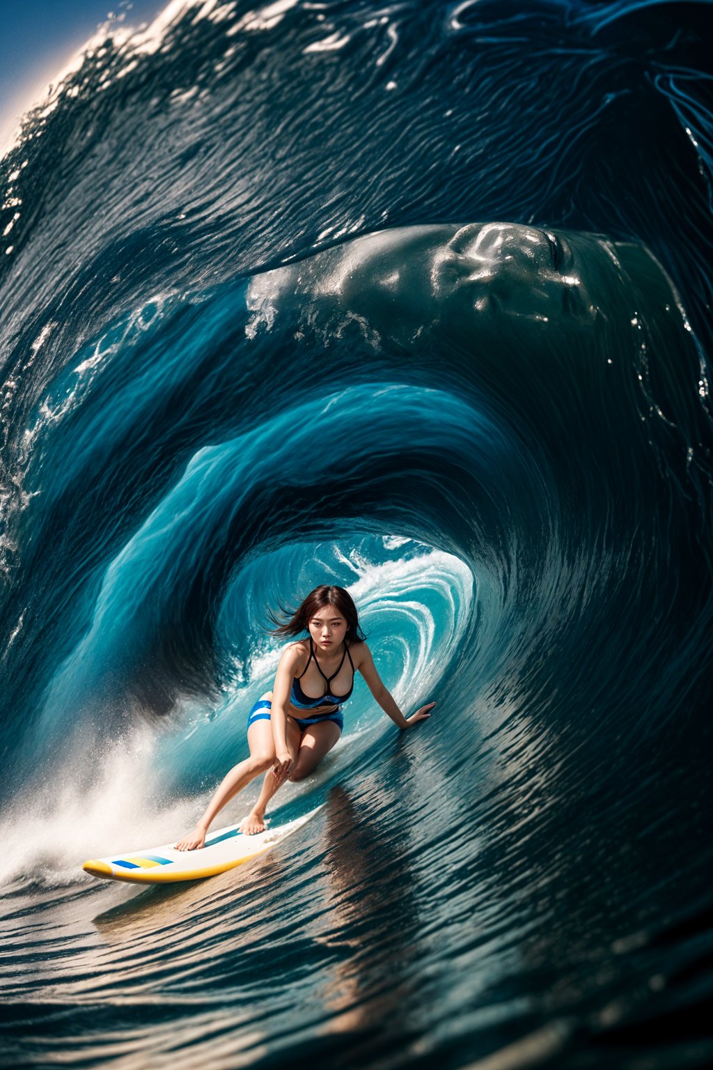 woman as individual surfing a massive wave in a clear, blue ocean