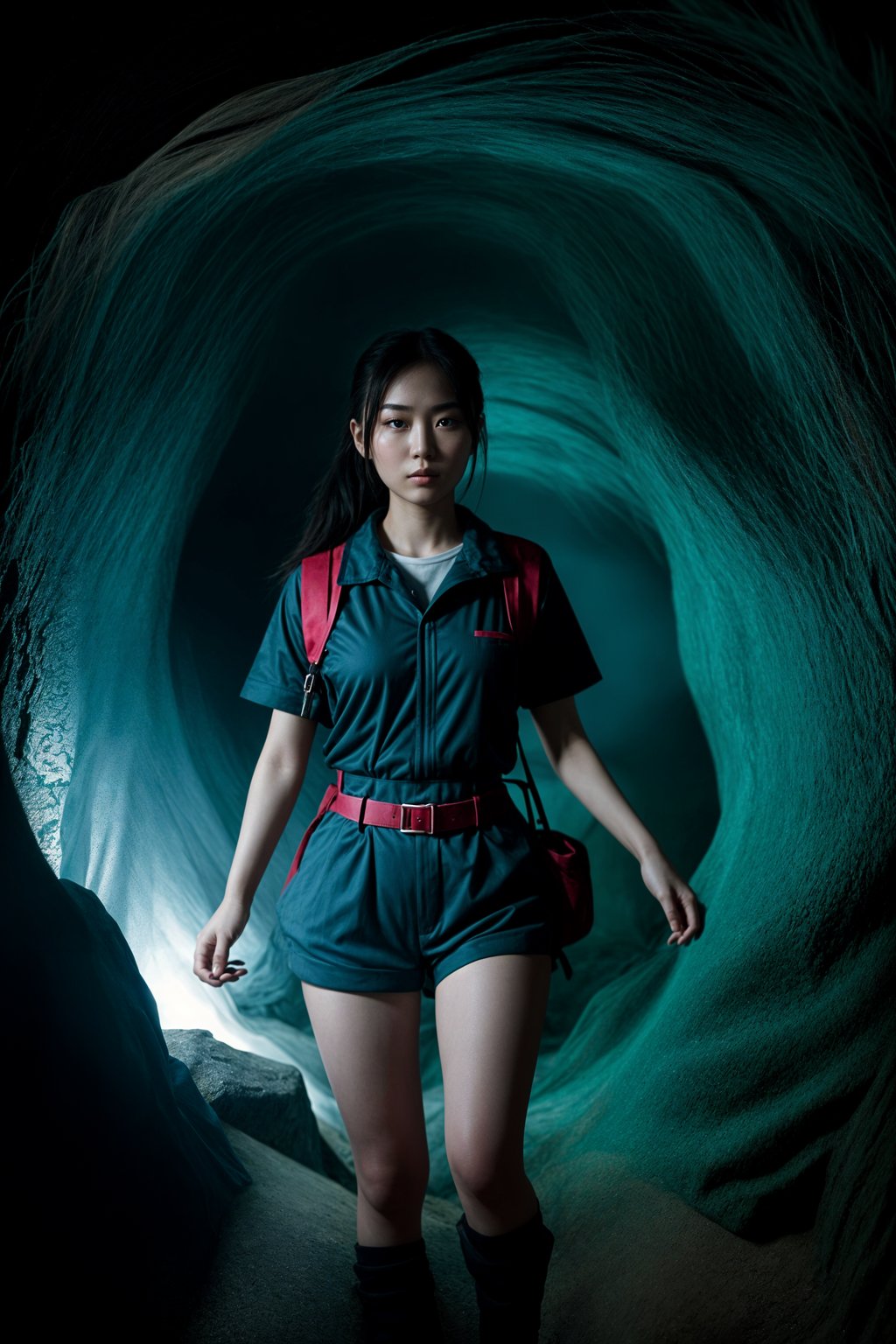 woman as individual hiking through an impressive cave system