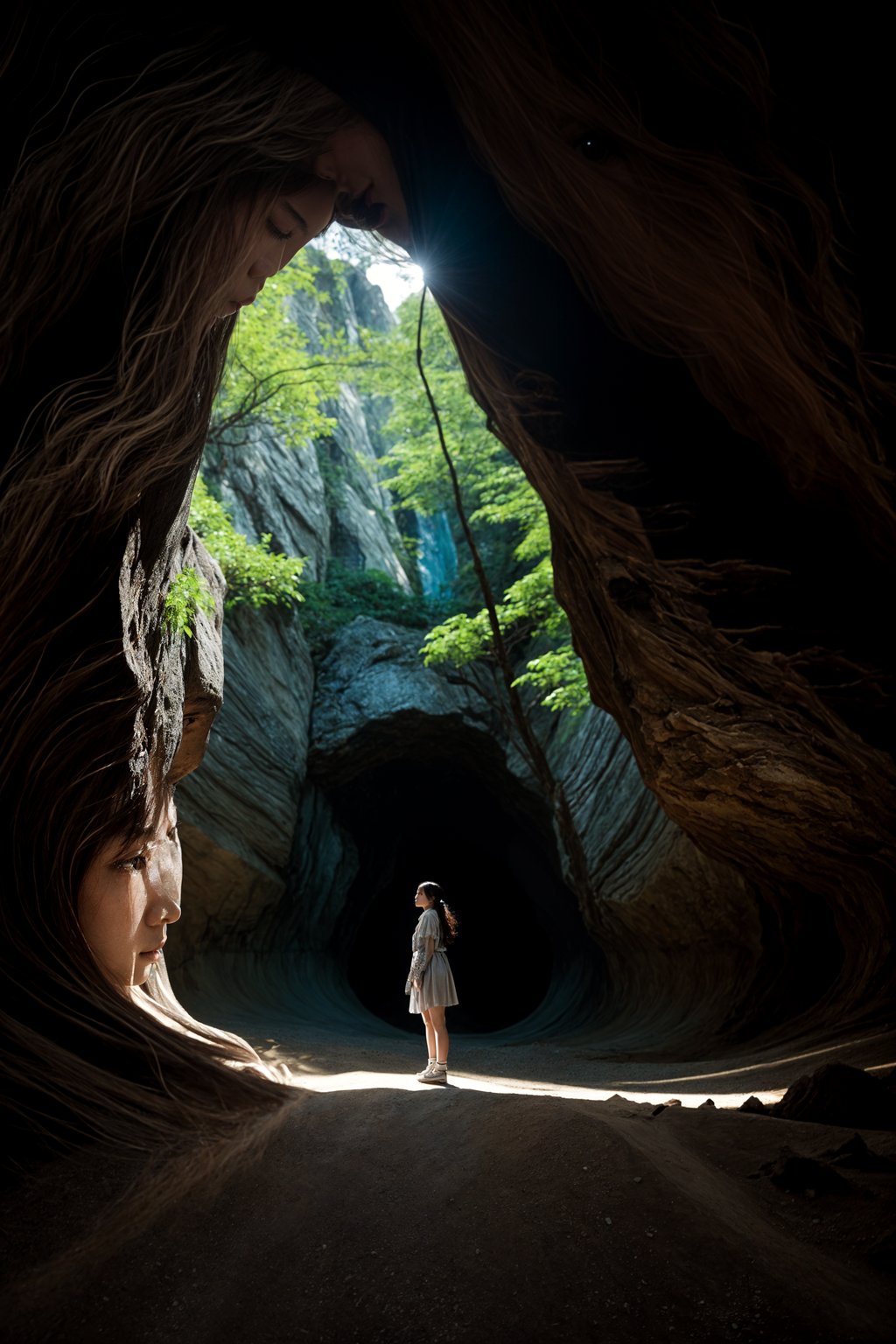 woman as individual hiking through an impressive cave system