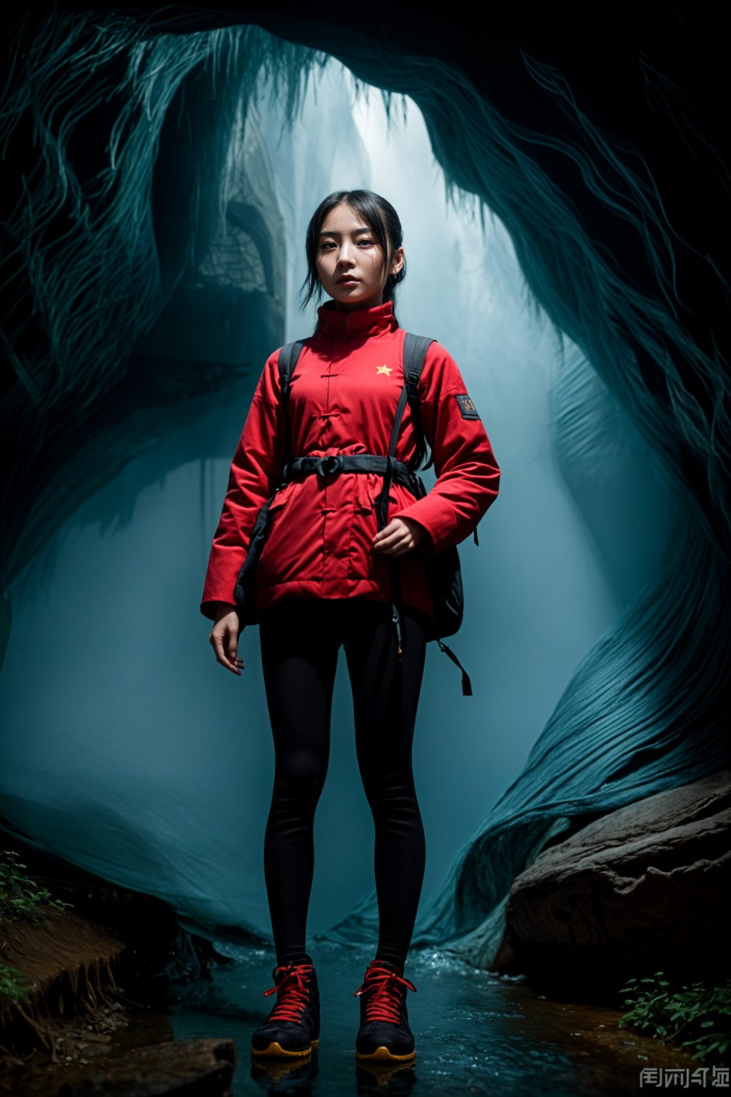 woman as individual hiking through an impressive cave system