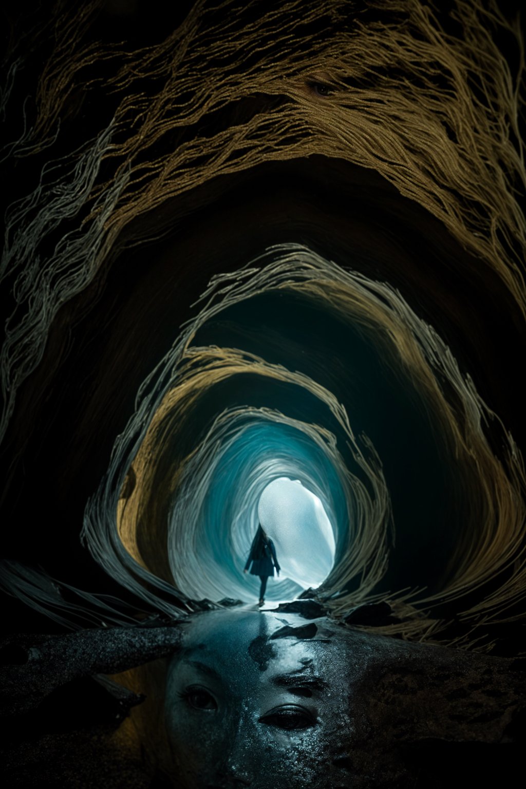 woman as individual hiking through an impressive cave system