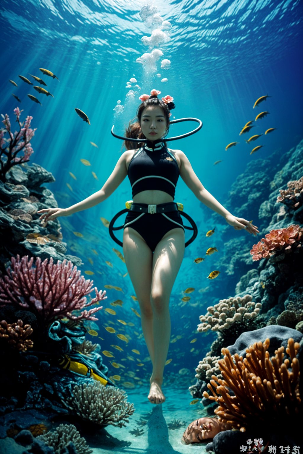 woman scuba diving in a stunning coral reef, surrounded by colorful fish