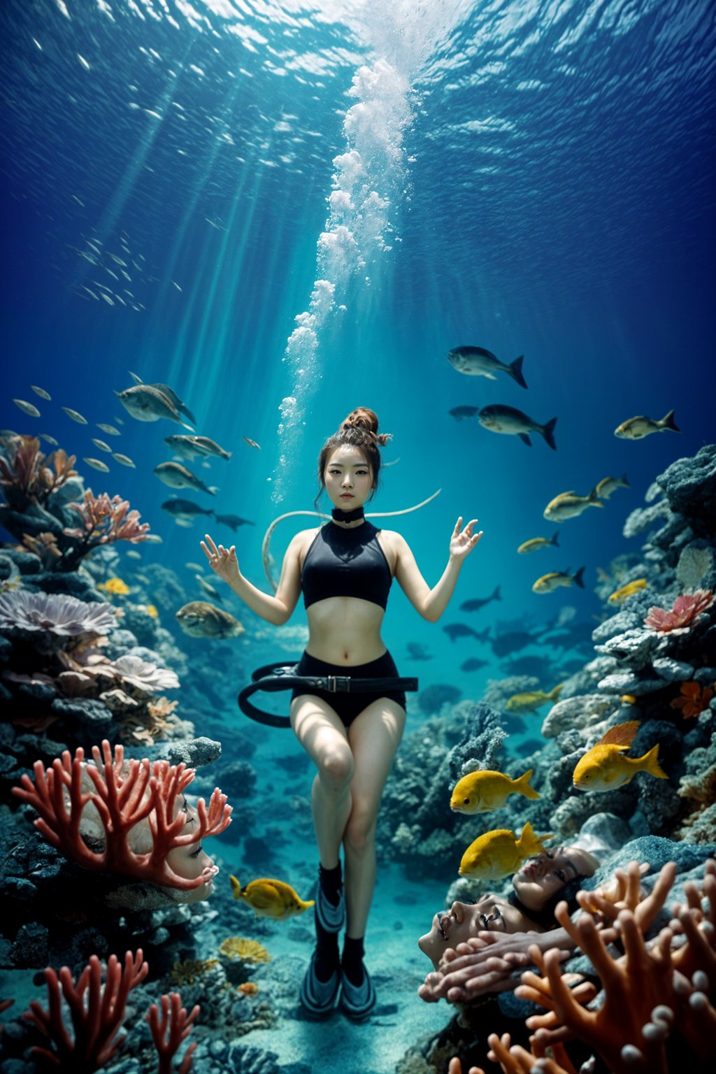 woman scuba diving in a stunning coral reef, surrounded by colorful fish