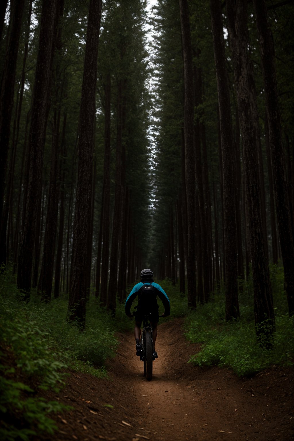 man as individual mountain biking through a dense forest trail