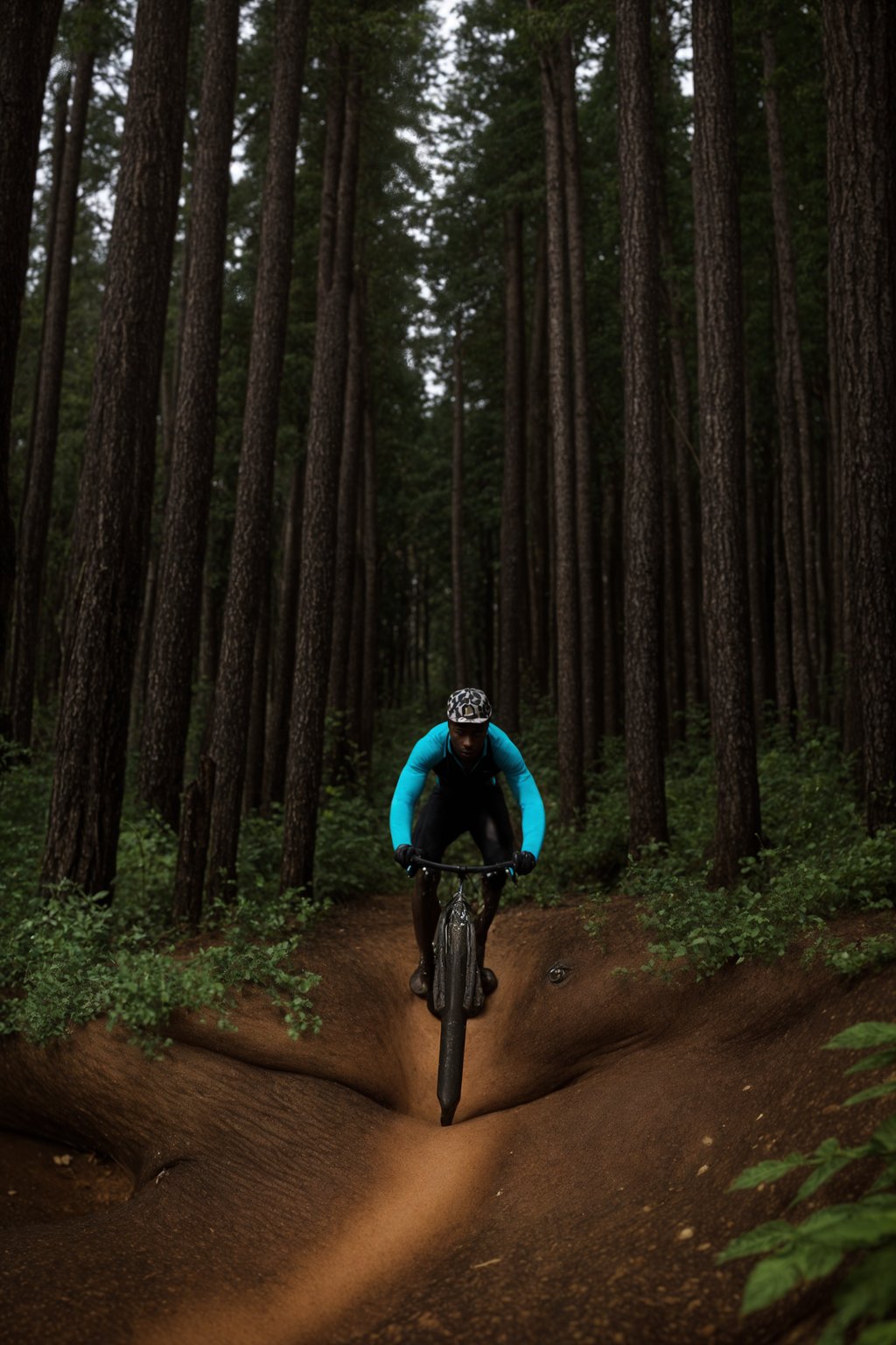 man as individual mountain biking through a dense forest trail