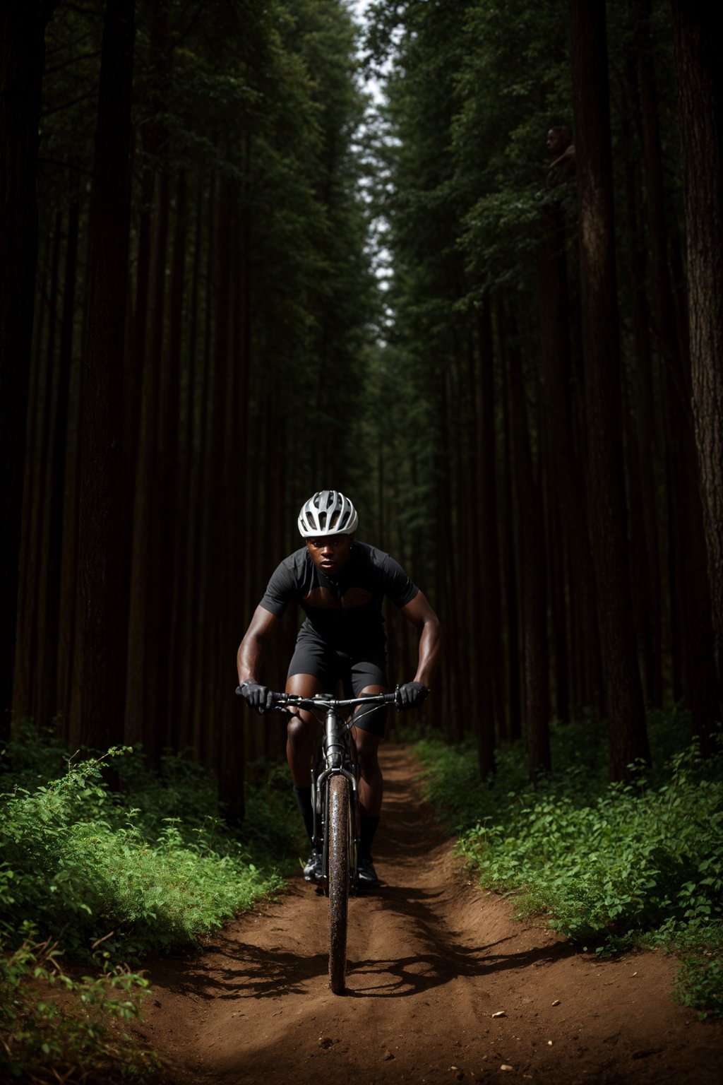 man as individual mountain biking through a dense forest trail