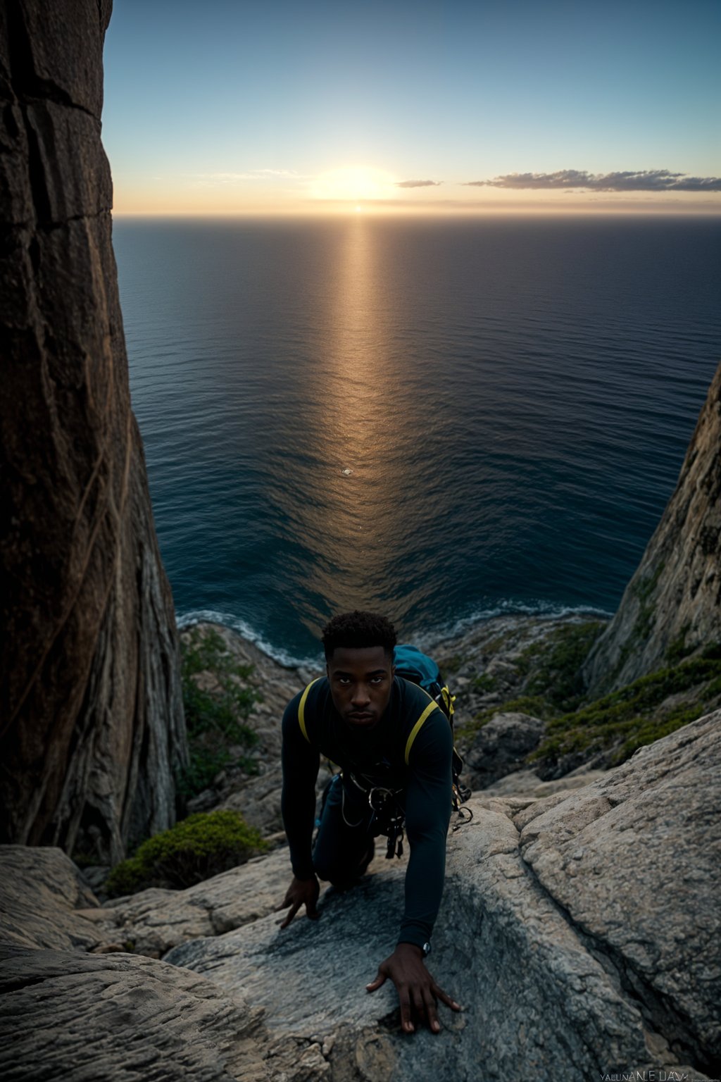 man as adventurer rock climbing a daunting cliff with a breathtaking sea view