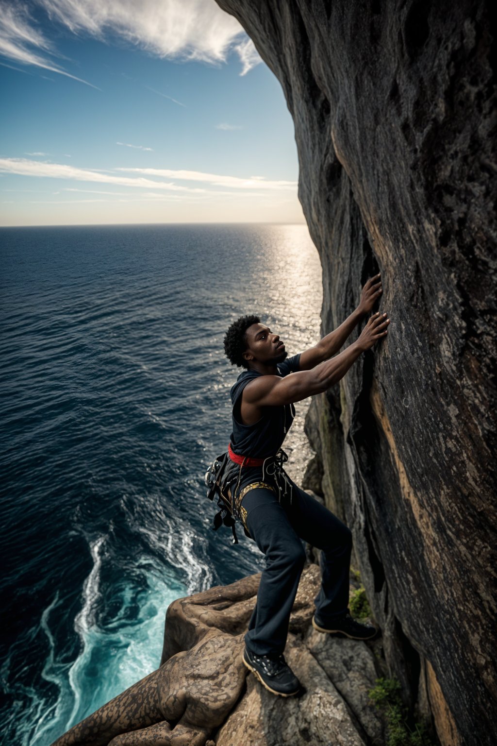 man as adventurer rock climbing a daunting cliff with a breathtaking sea view