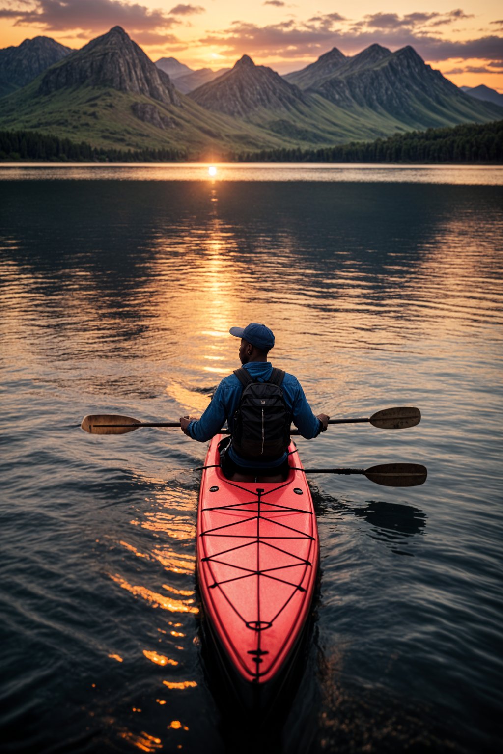 man as explorer kayaking in a serene lake with a mesmerizing sunset backdrop