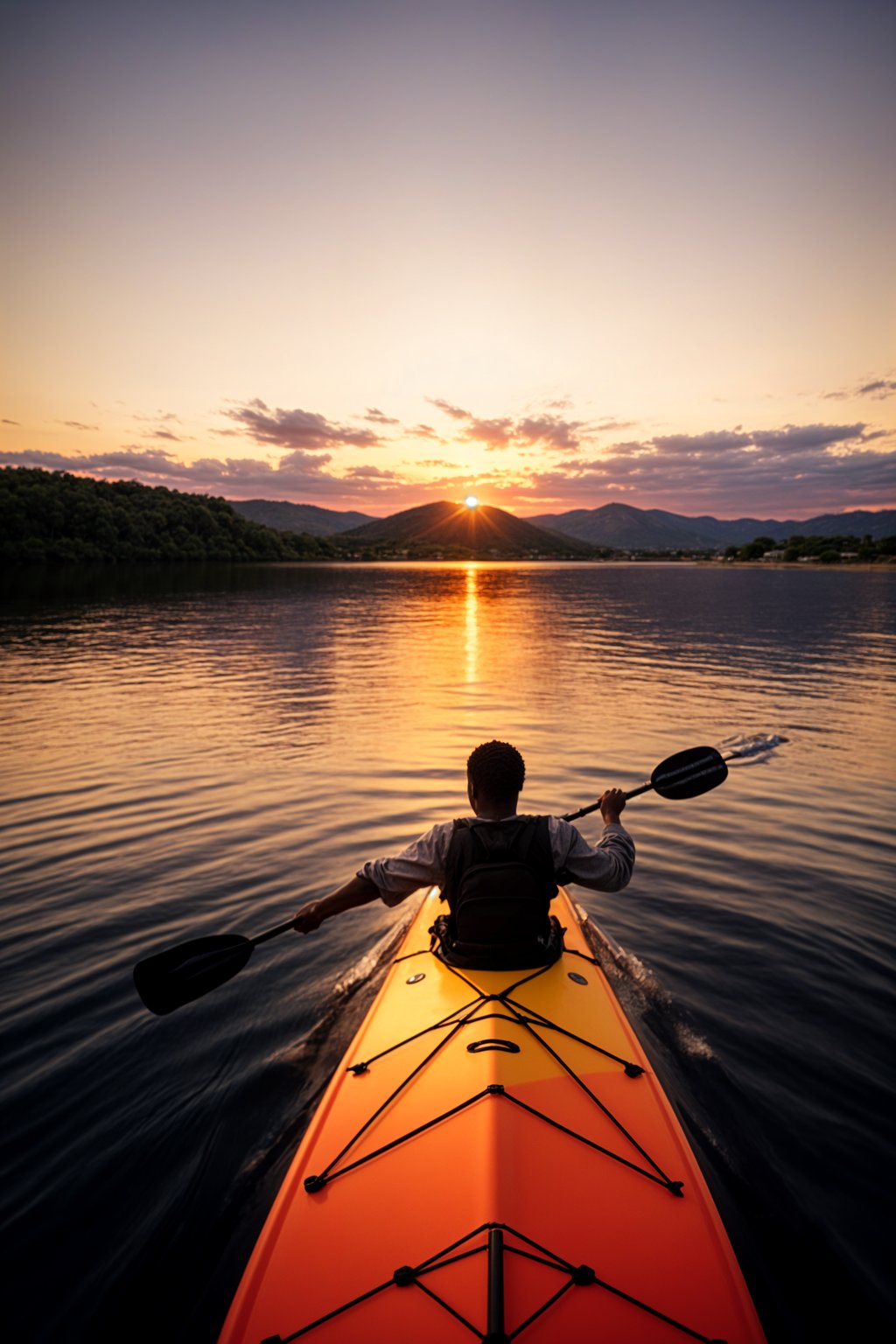 man as explorer kayaking in a serene lake with a mesmerizing sunset backdrop