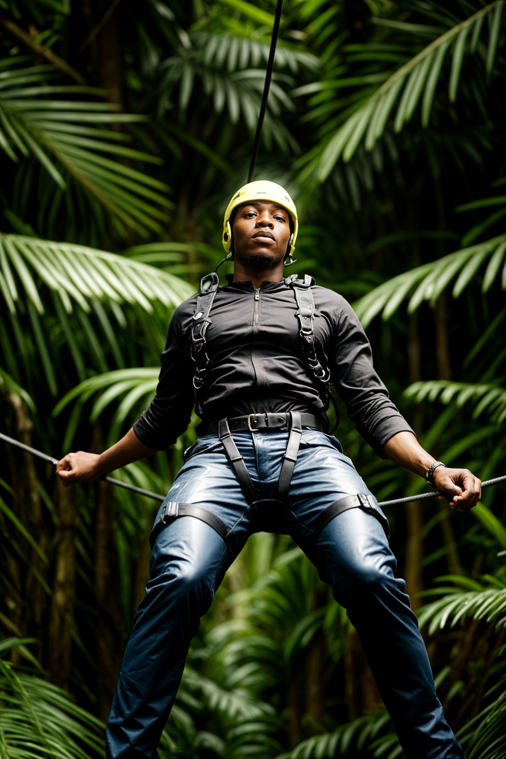 man zip-lining through a tropical rainforest canopy