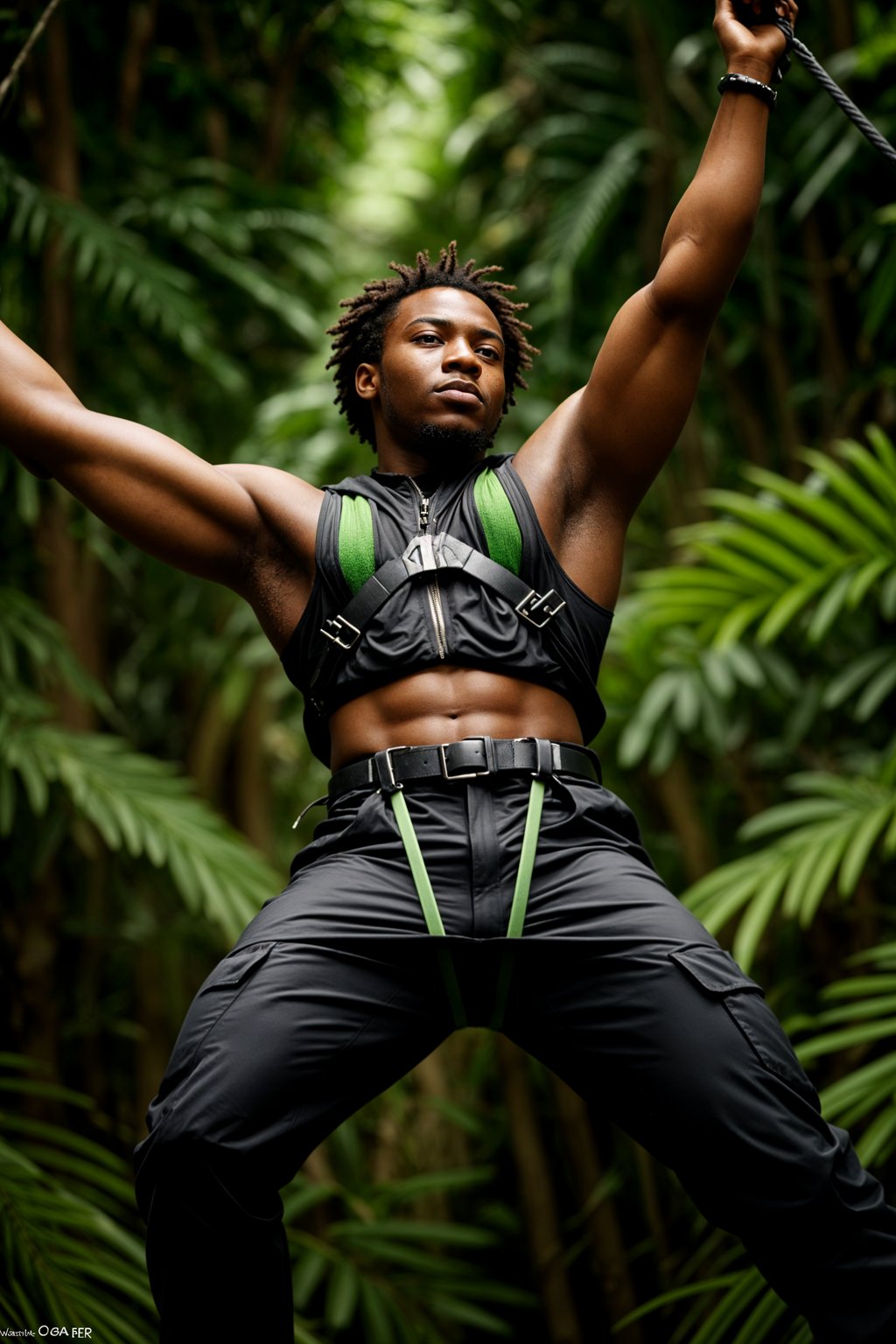 man zip-lining through a tropical rainforest canopy