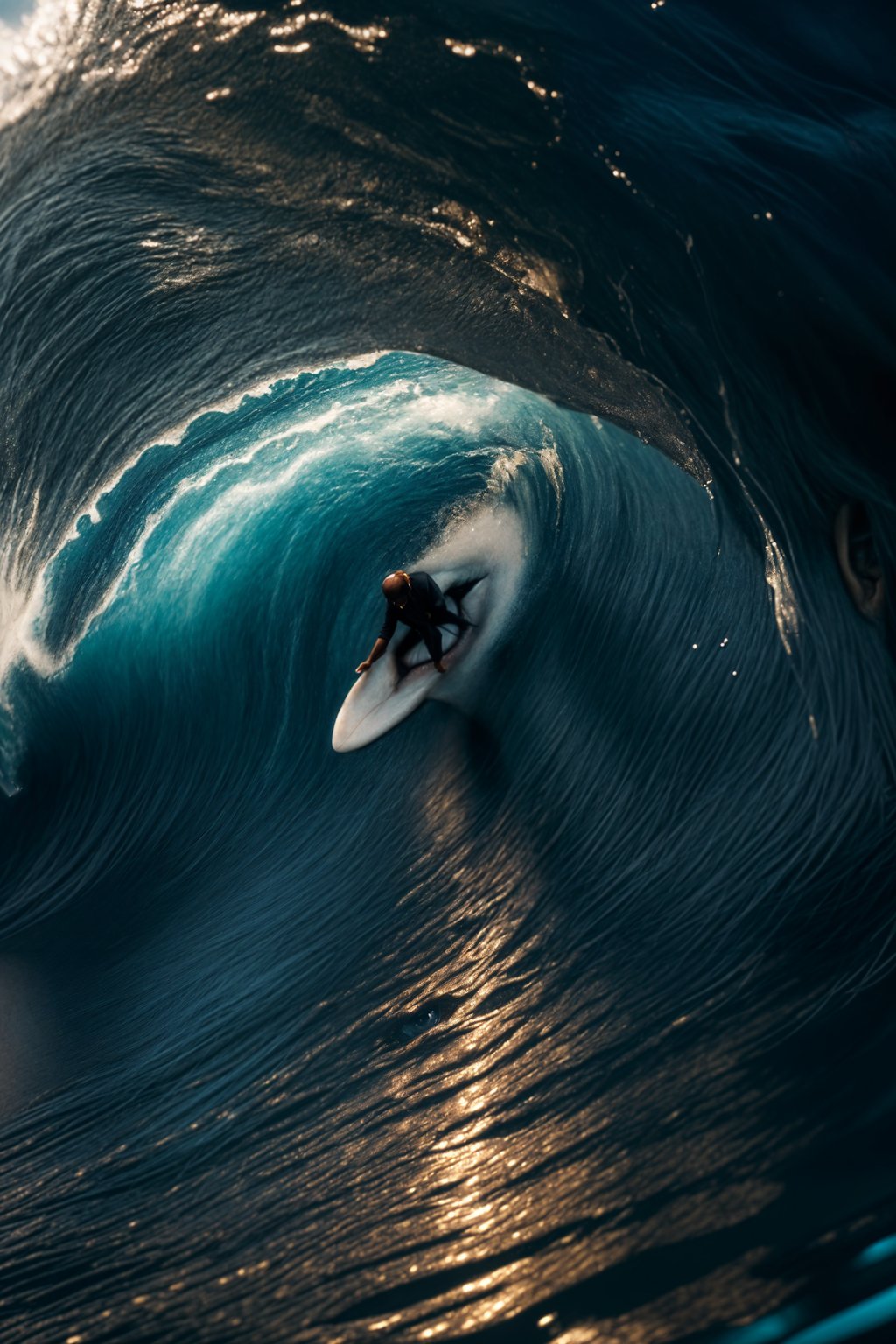 man as individual surfing a massive wave in a clear, blue ocean