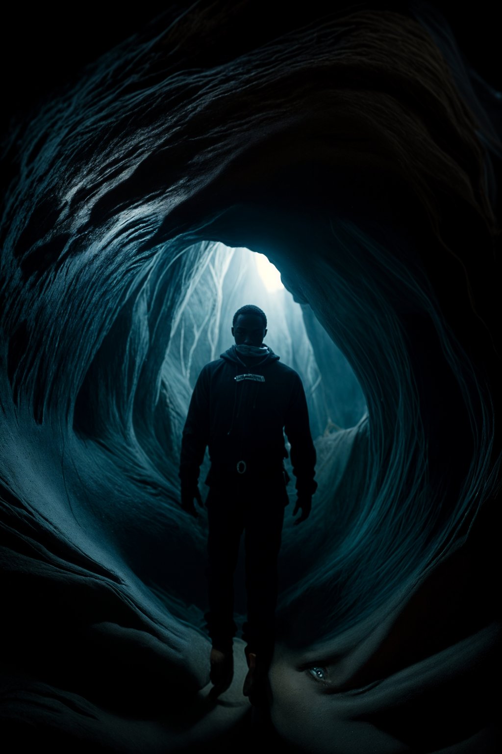 man as individual hiking through an impressive cave system