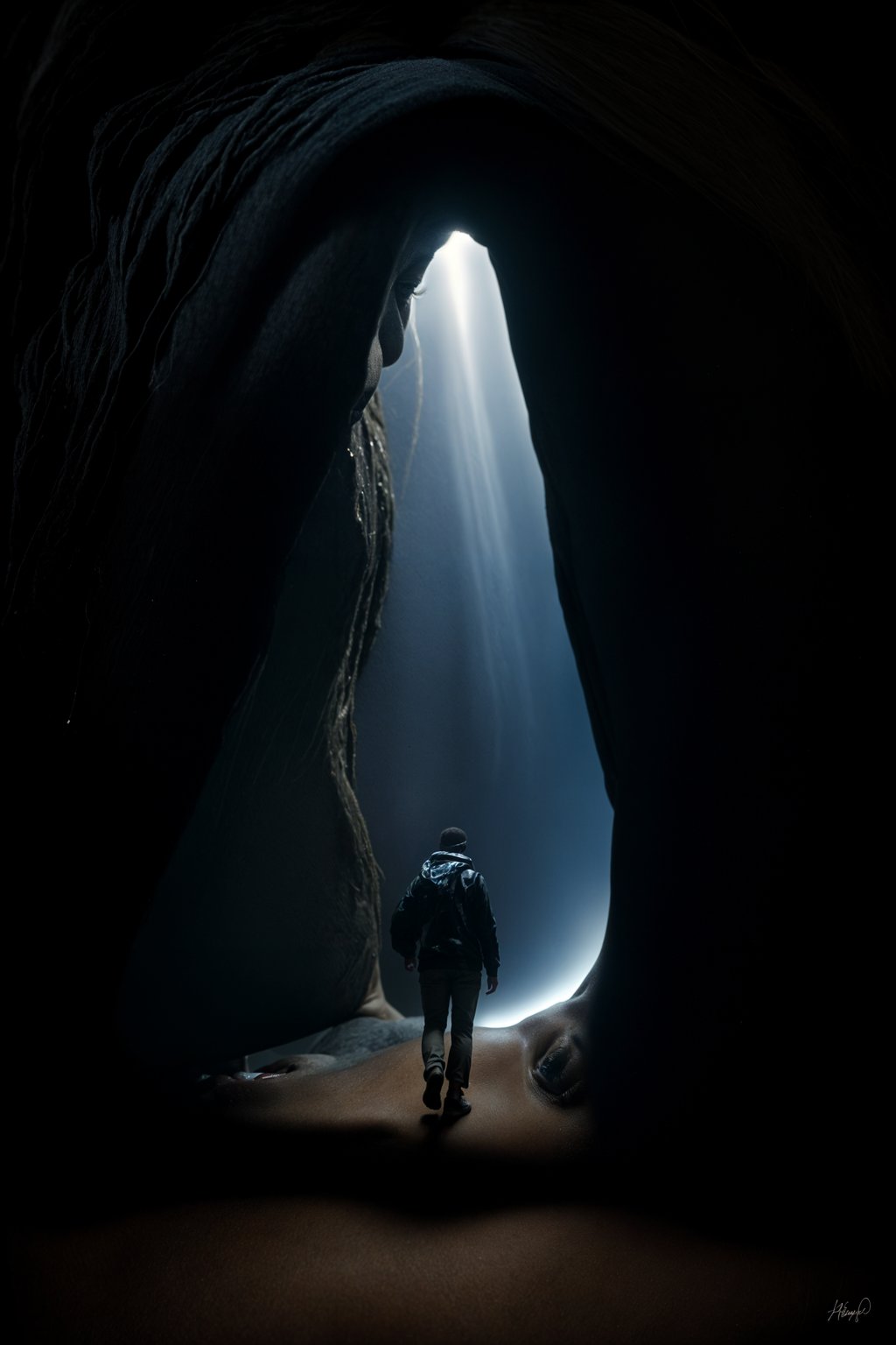 man as individual hiking through an impressive cave system