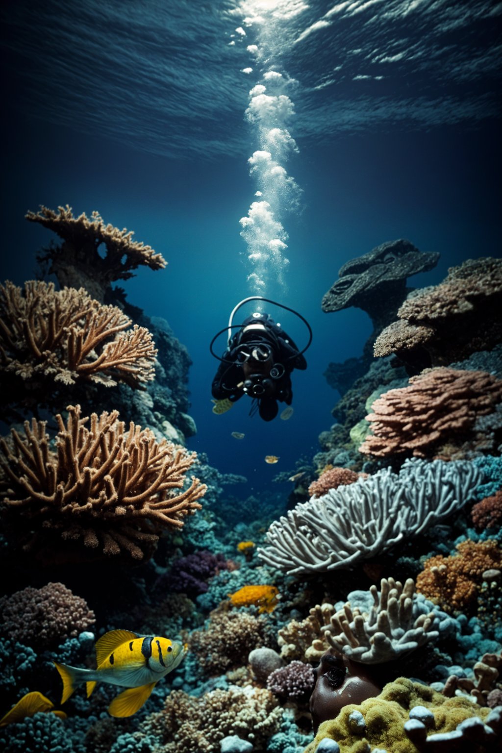 man scuba diving in a stunning coral reef, surrounded by colorful fish