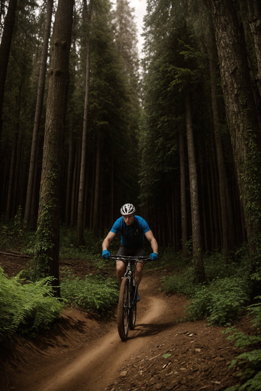 man as individual mountain biking through a dense forest trail