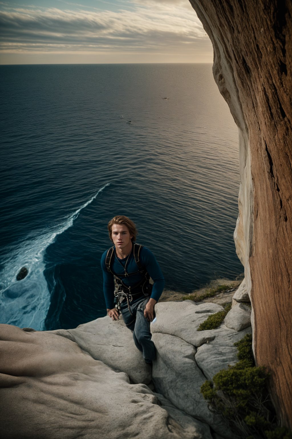 man as adventurer rock climbing a daunting cliff with a breathtaking sea view