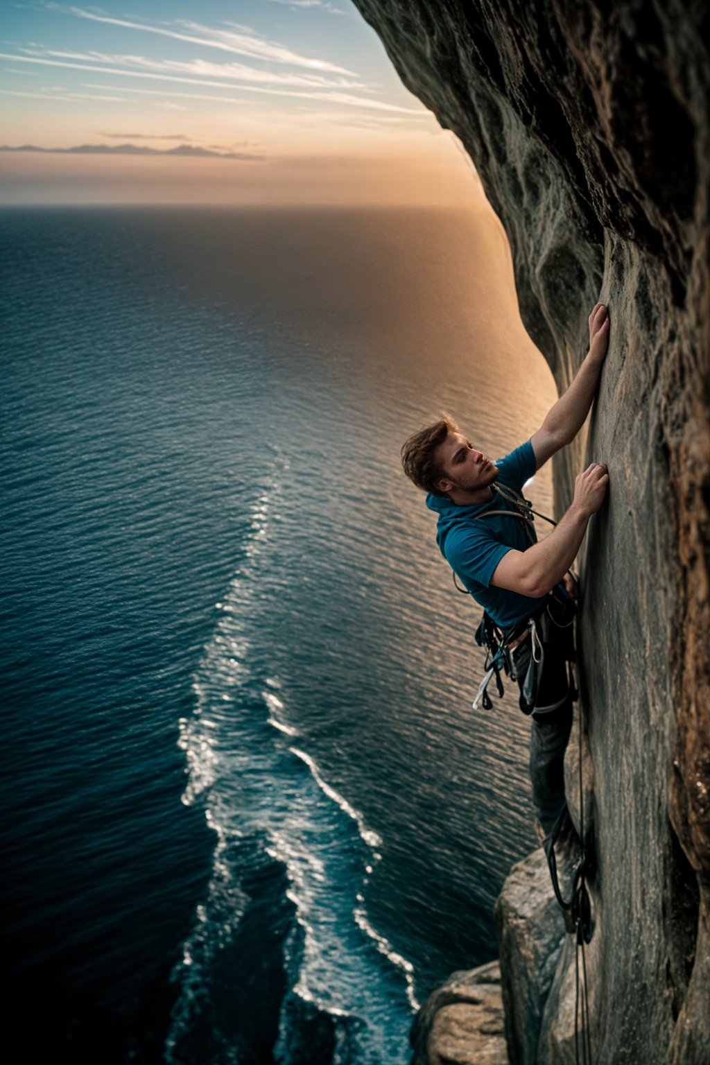 man as adventurer rock climbing a daunting cliff with a breathtaking sea view