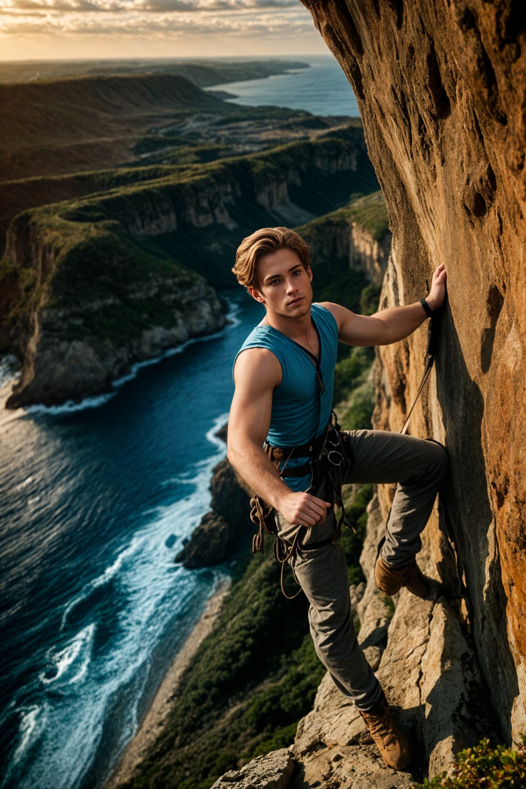 man as adventurer rock climbing a daunting cliff with a breathtaking sea view