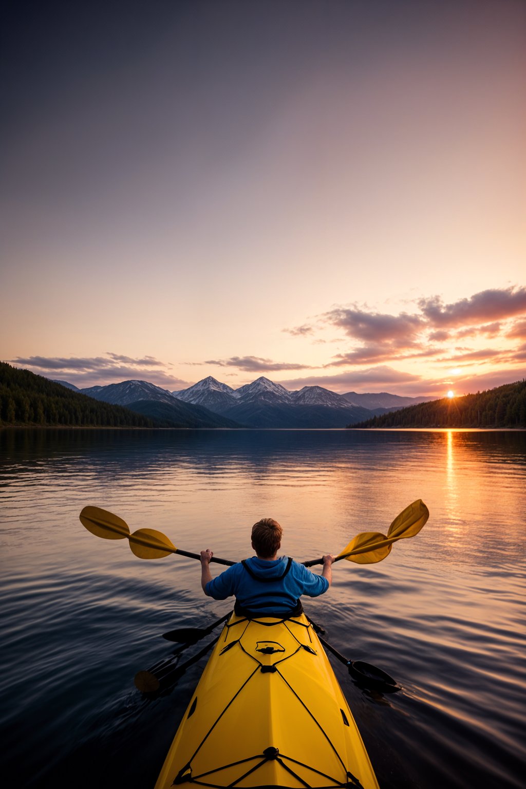 man as explorer kayaking in a serene lake with a mesmerizing sunset backdrop