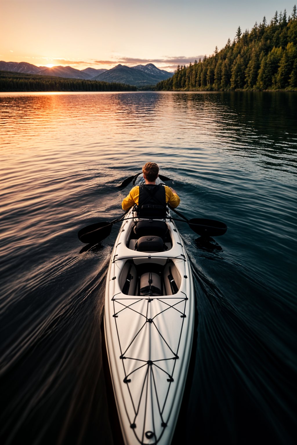 man as explorer kayaking in a serene lake with a mesmerizing sunset backdrop