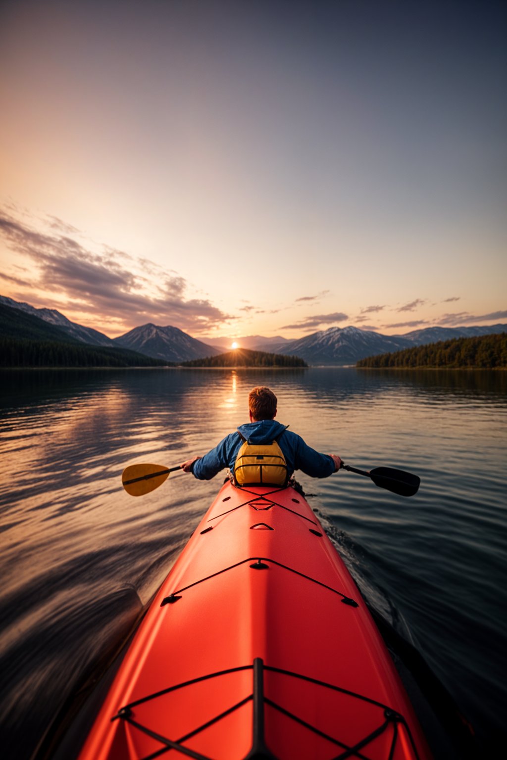 man as explorer kayaking in a serene lake with a mesmerizing sunset backdrop