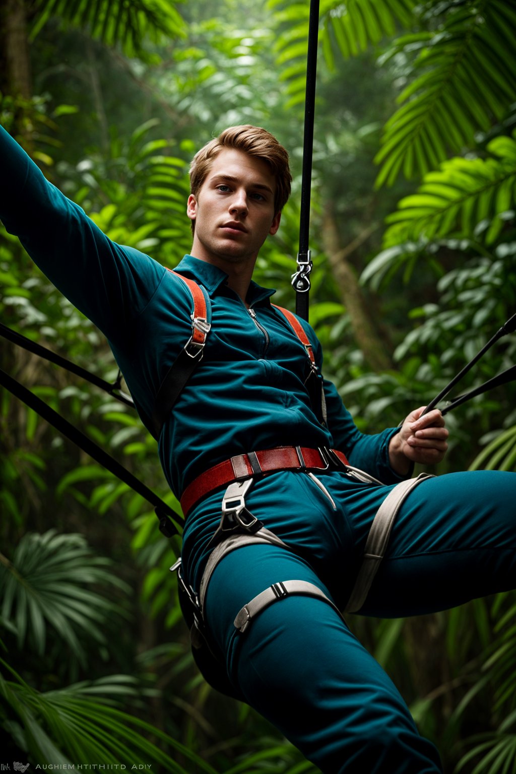 man zip-lining through a tropical rainforest canopy