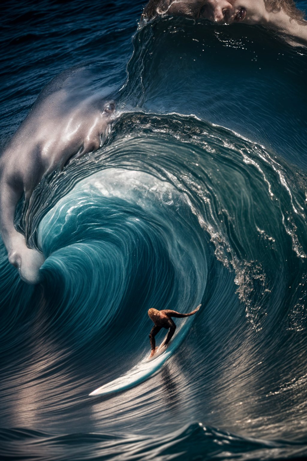 man as individual surfing a massive wave in a clear, blue ocean