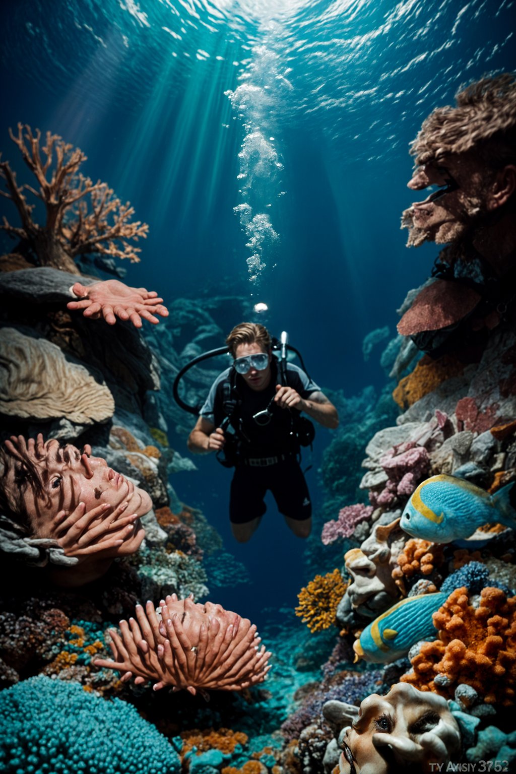 man scuba diving in a stunning coral reef, surrounded by colorful fish