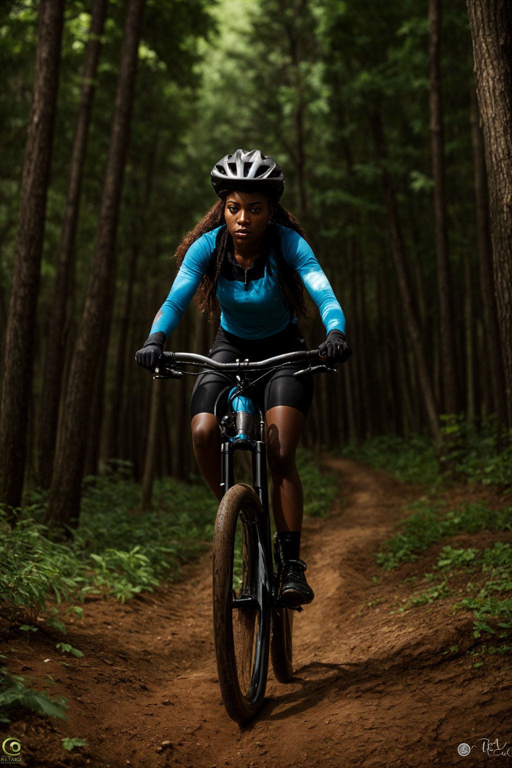 woman as individual mountain biking through a dense forest trail