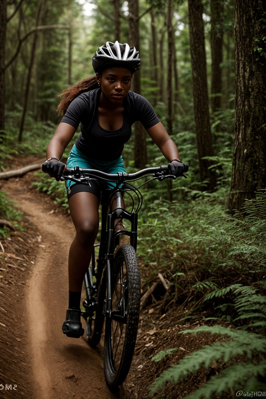 woman as individual mountain biking through a dense forest trail