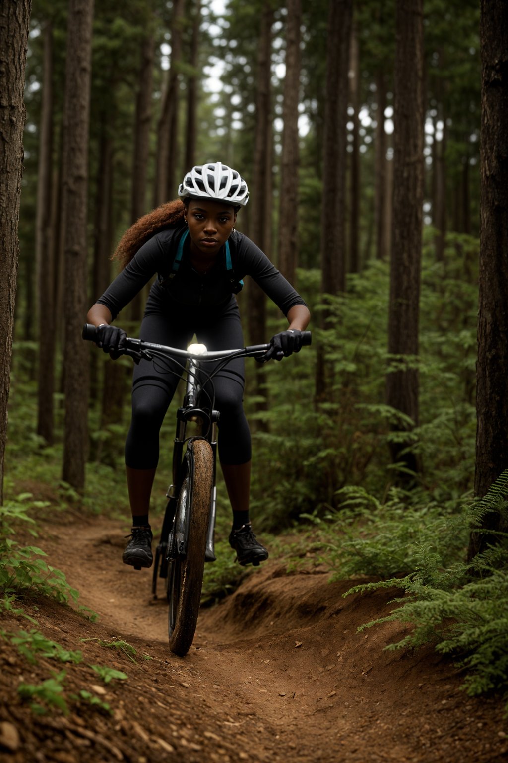 woman as individual mountain biking through a dense forest trail