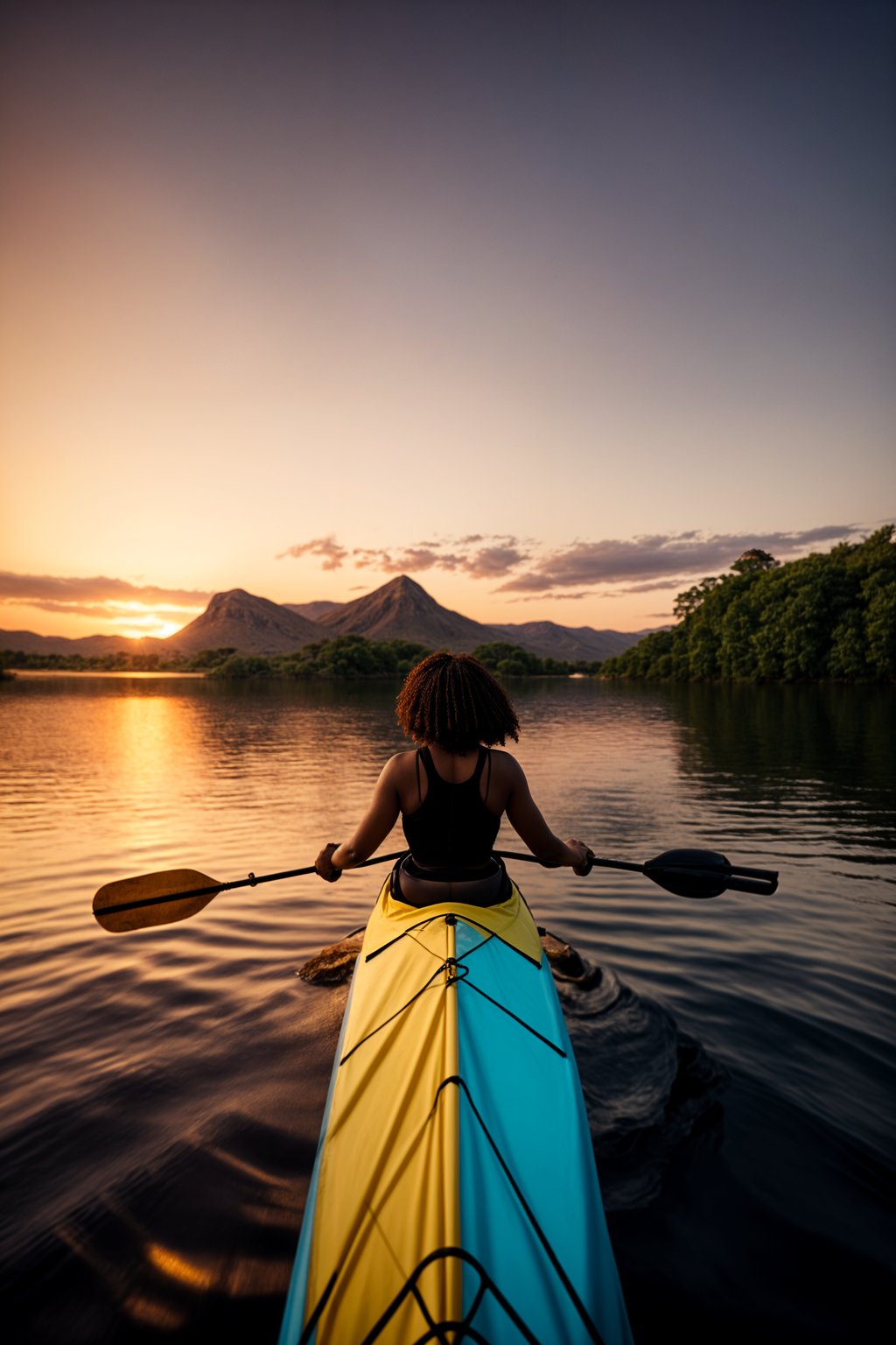 woman as explorer kayaking in a serene lake with a mesmerizing sunset backdrop