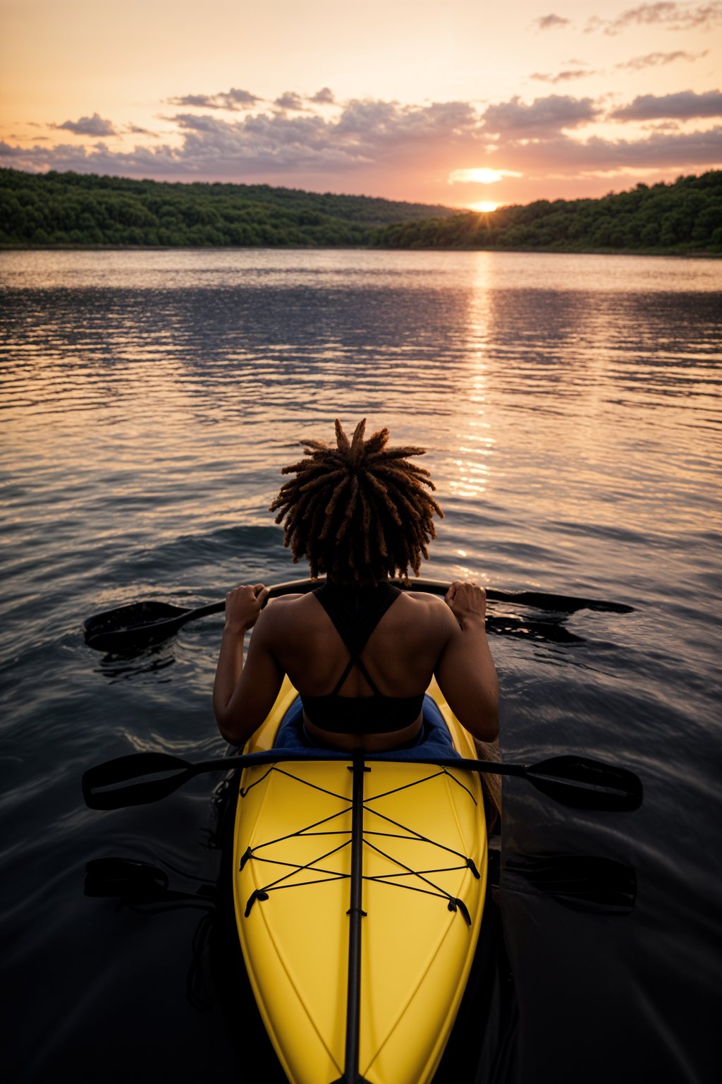 woman as explorer kayaking in a serene lake with a mesmerizing sunset backdrop