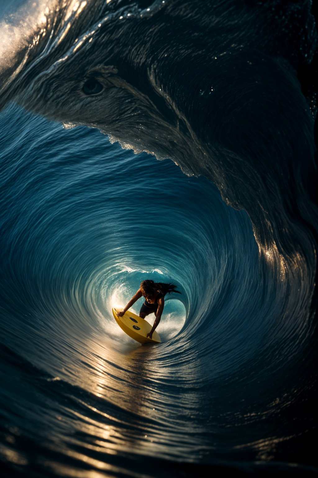 woman as individual surfing a massive wave in a clear, blue ocean