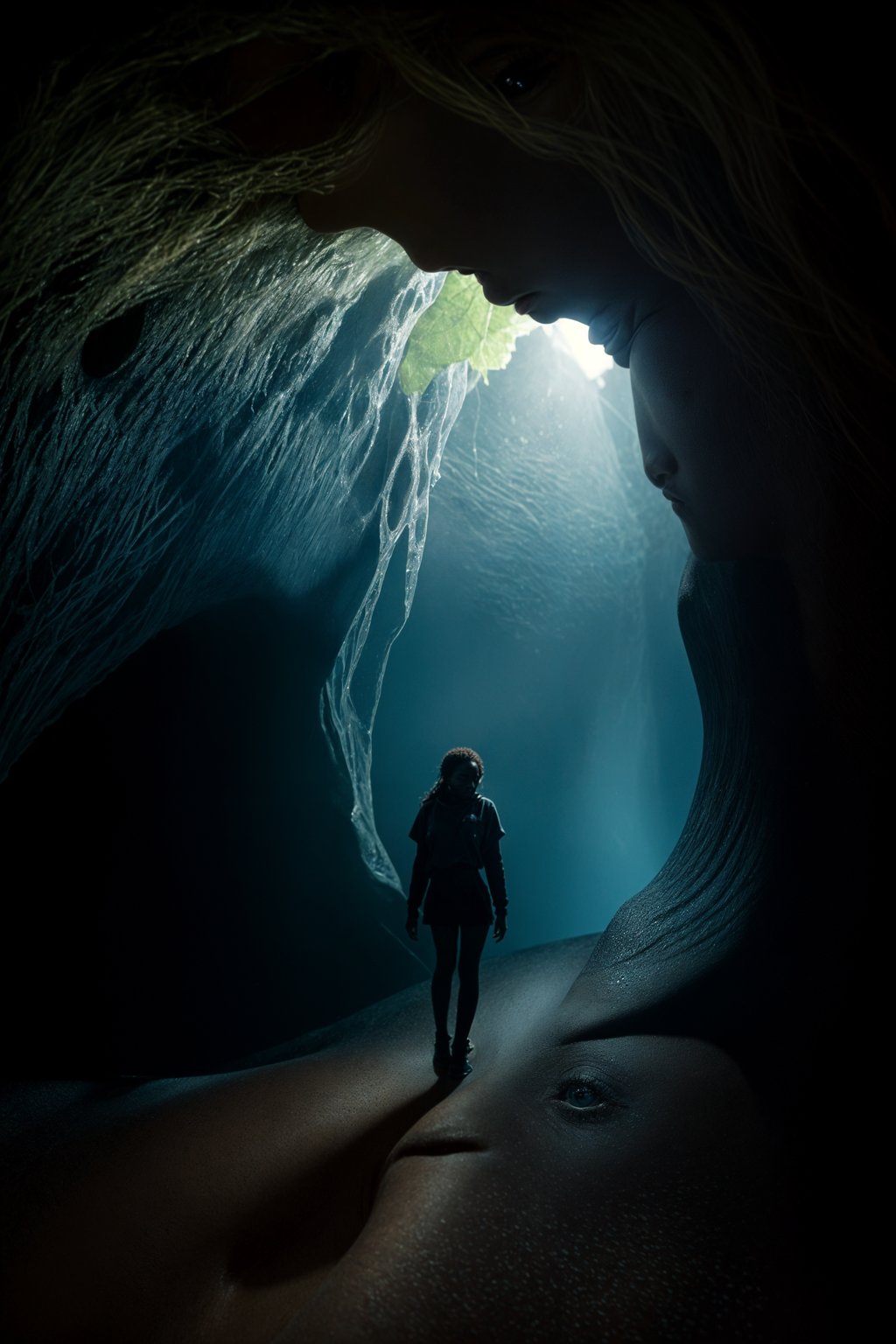 woman as individual hiking through an impressive cave system