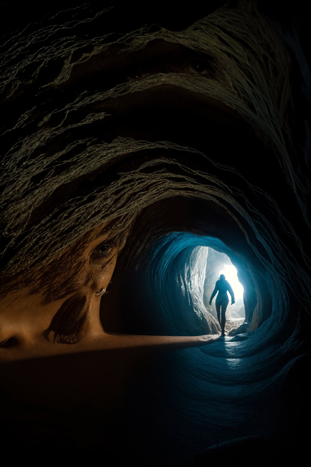 woman as individual hiking through an impressive cave system