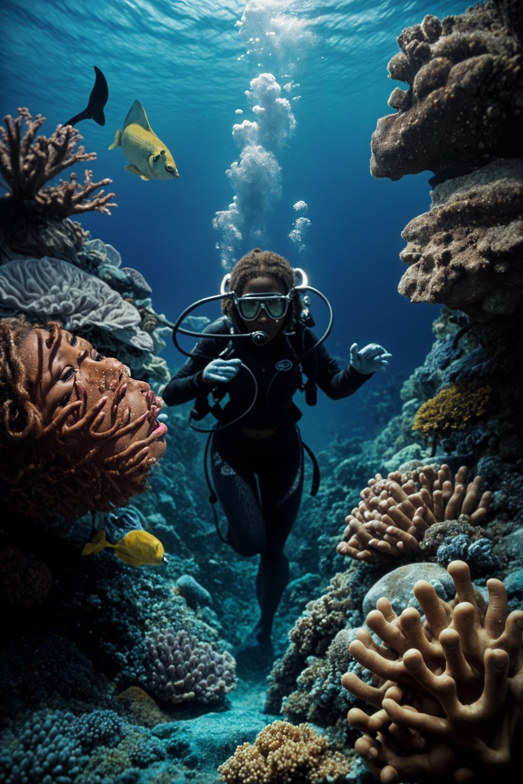 woman scuba diving in a stunning coral reef, surrounded by colorful fish