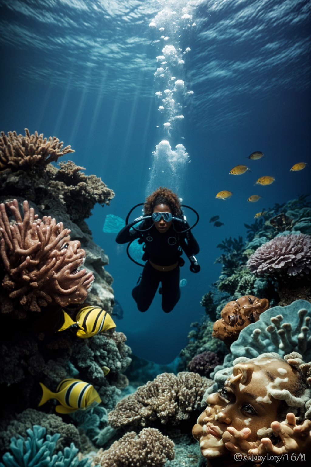 woman scuba diving in a stunning coral reef, surrounded by colorful fish