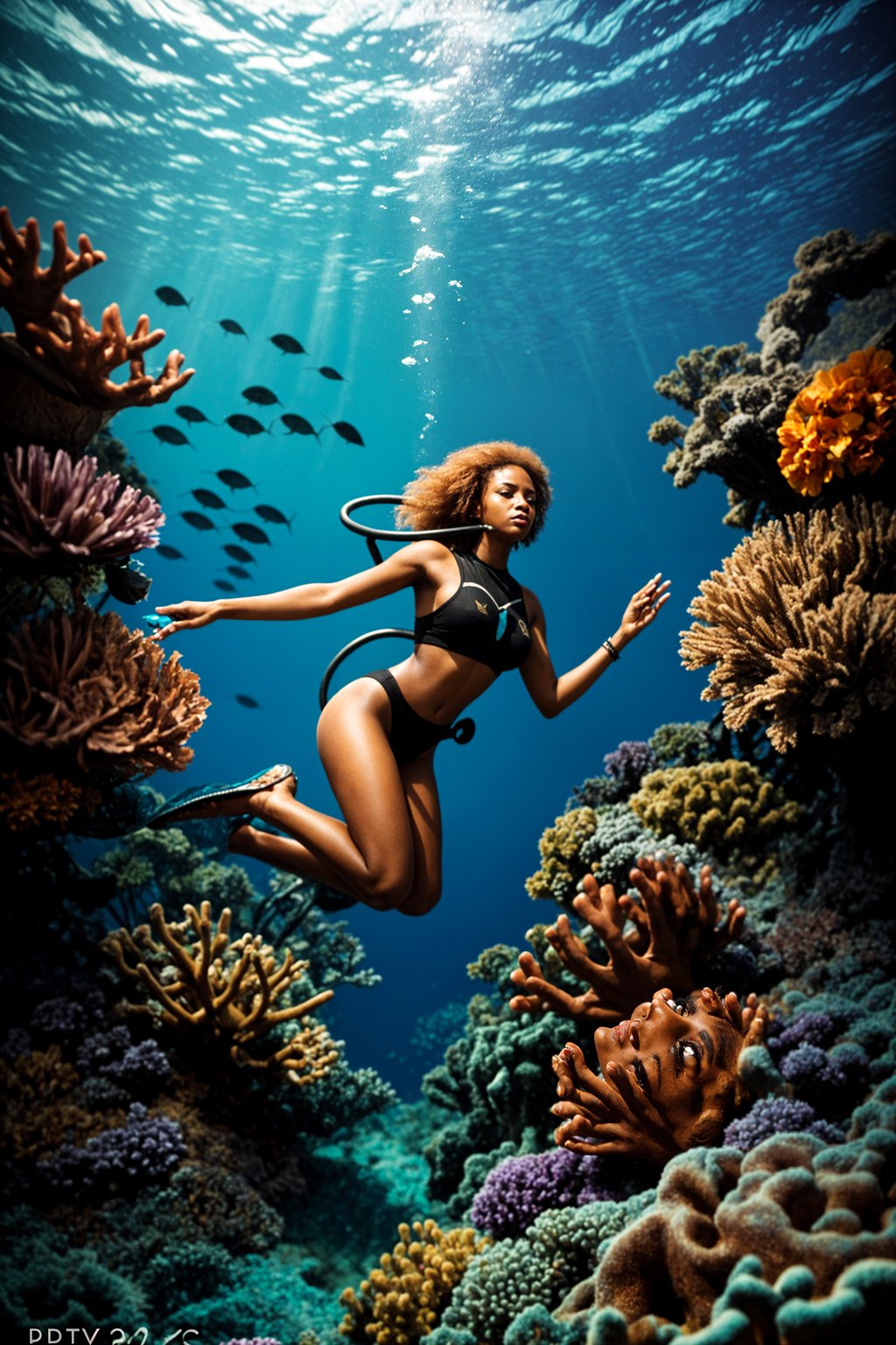 woman scuba diving in a stunning coral reef, surrounded by colorful fish