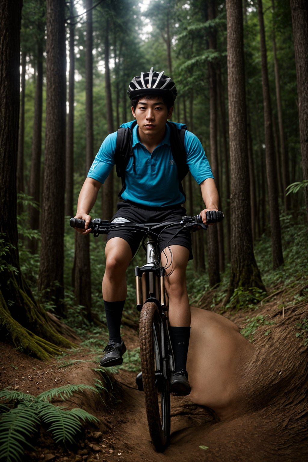 man as individual mountain biking through a dense forest trail