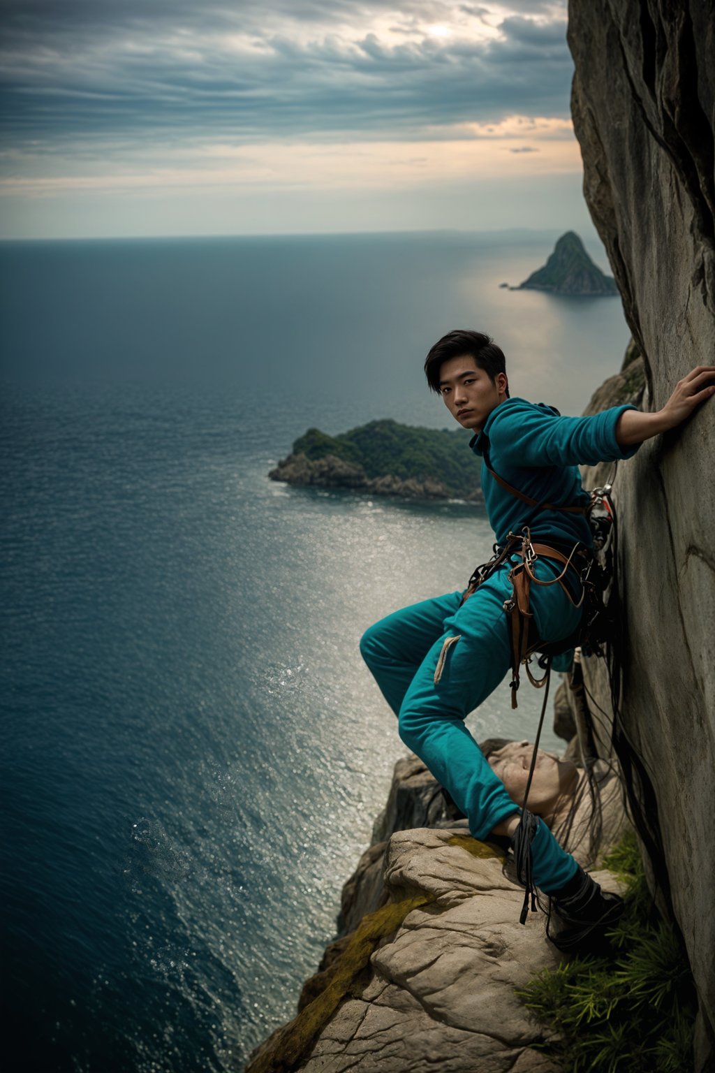 man as adventurer rock climbing a daunting cliff with a breathtaking sea view