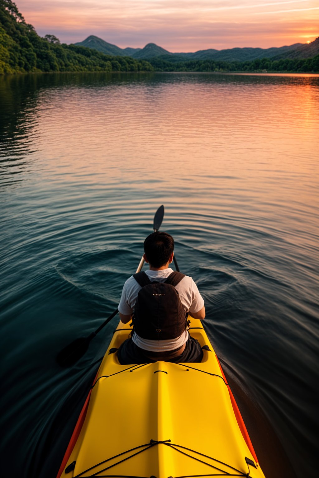 man as explorer kayaking in a serene lake with a mesmerizing sunset backdrop