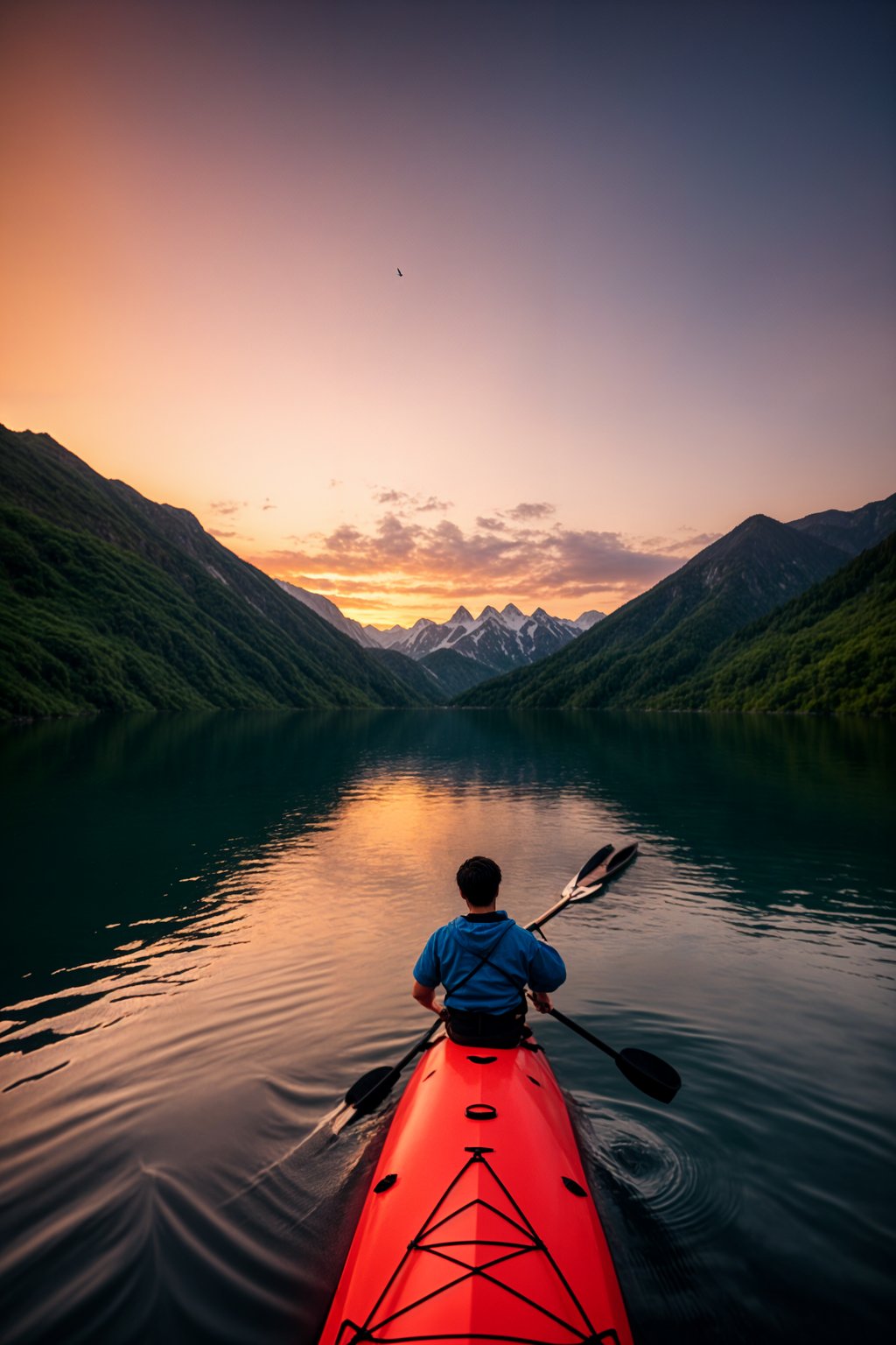 man as explorer kayaking in a serene lake with a mesmerizing sunset backdrop