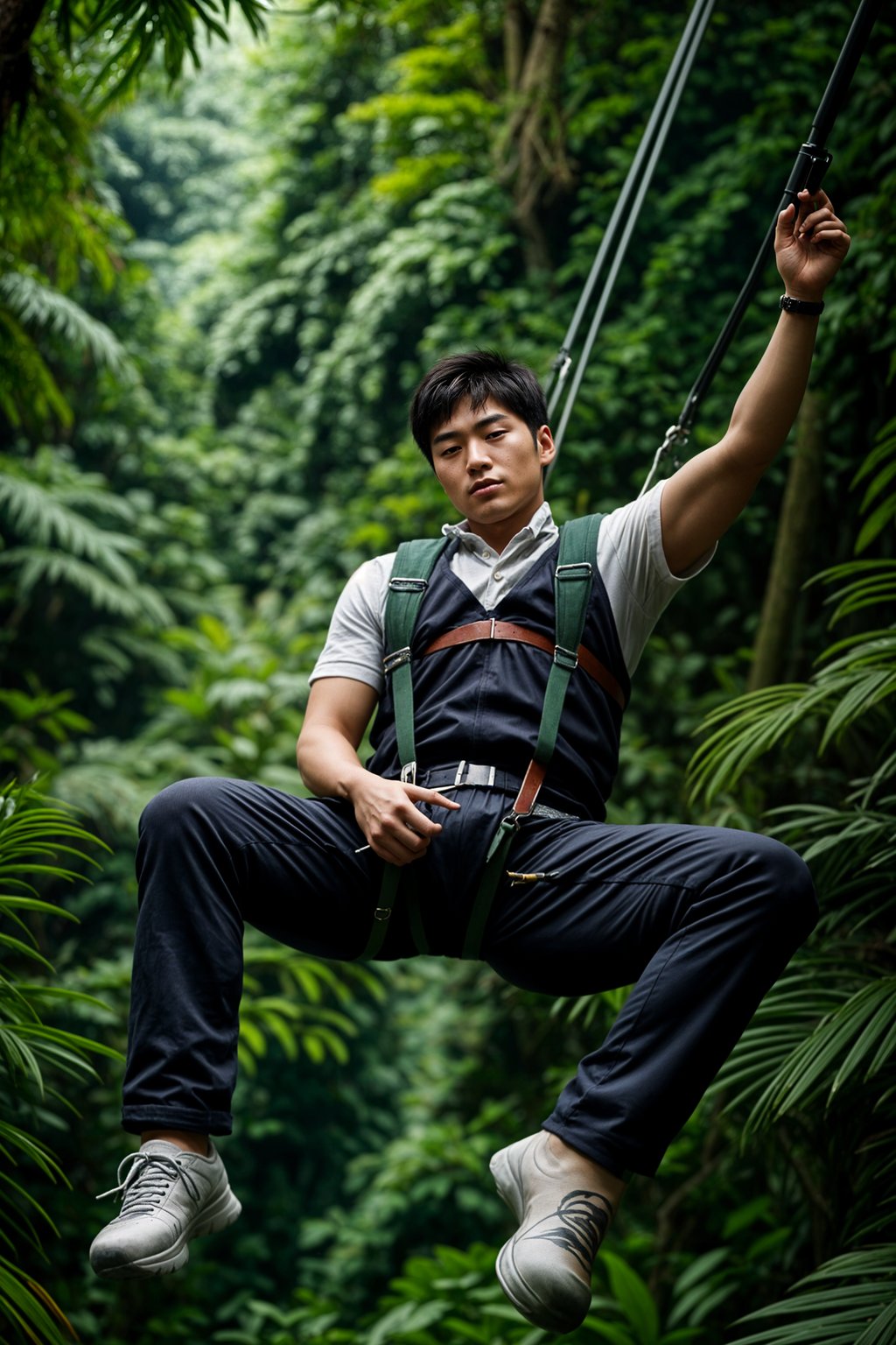 man zip-lining through a tropical rainforest canopy