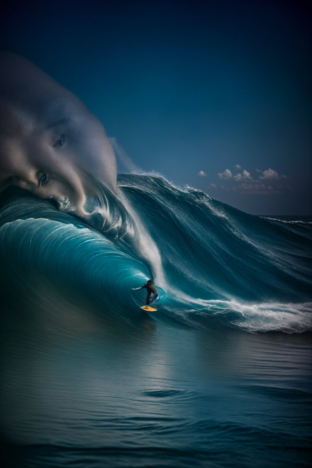 man as individual surfing a massive wave in a clear, blue ocean