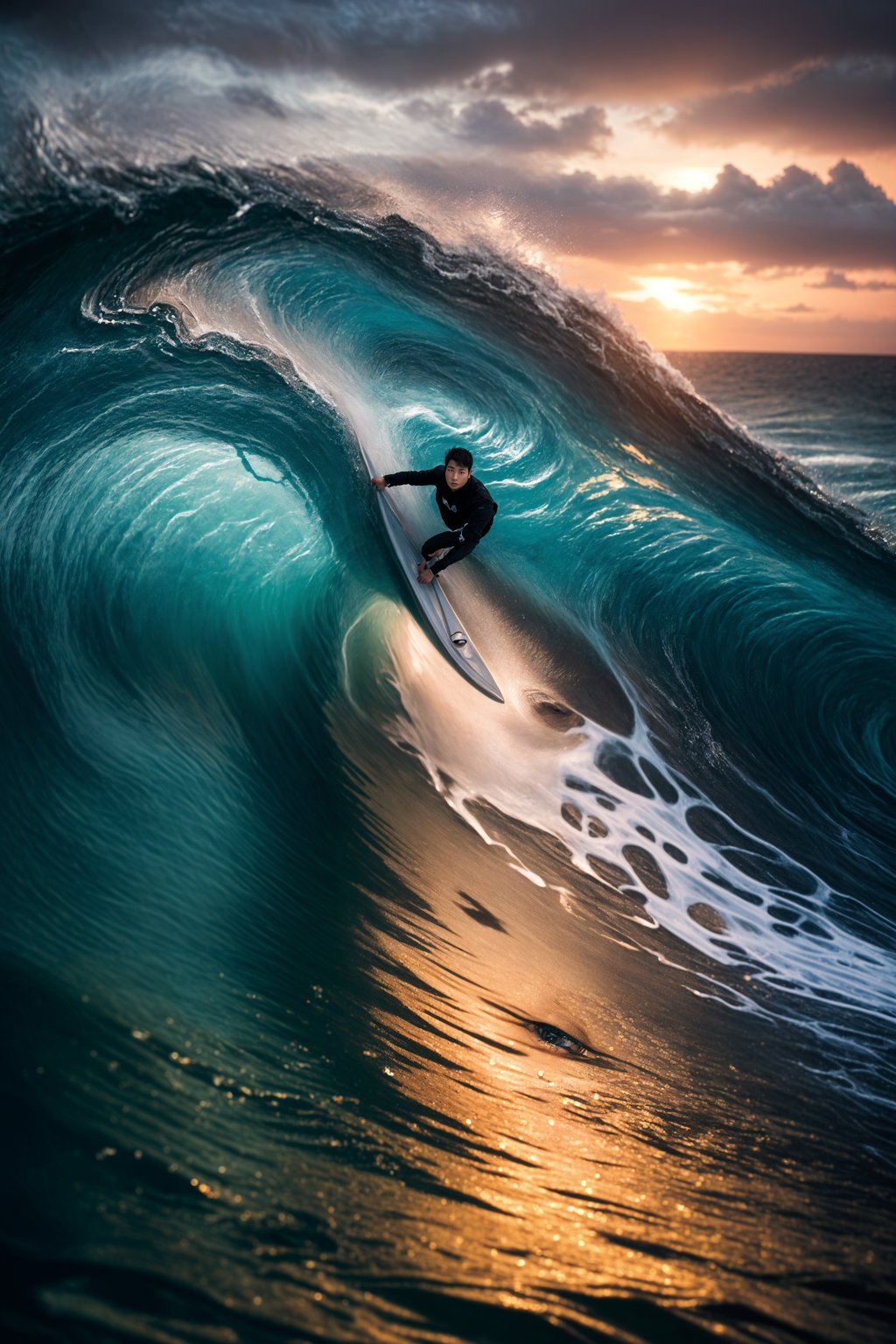 man as individual surfing a massive wave in a clear, blue ocean