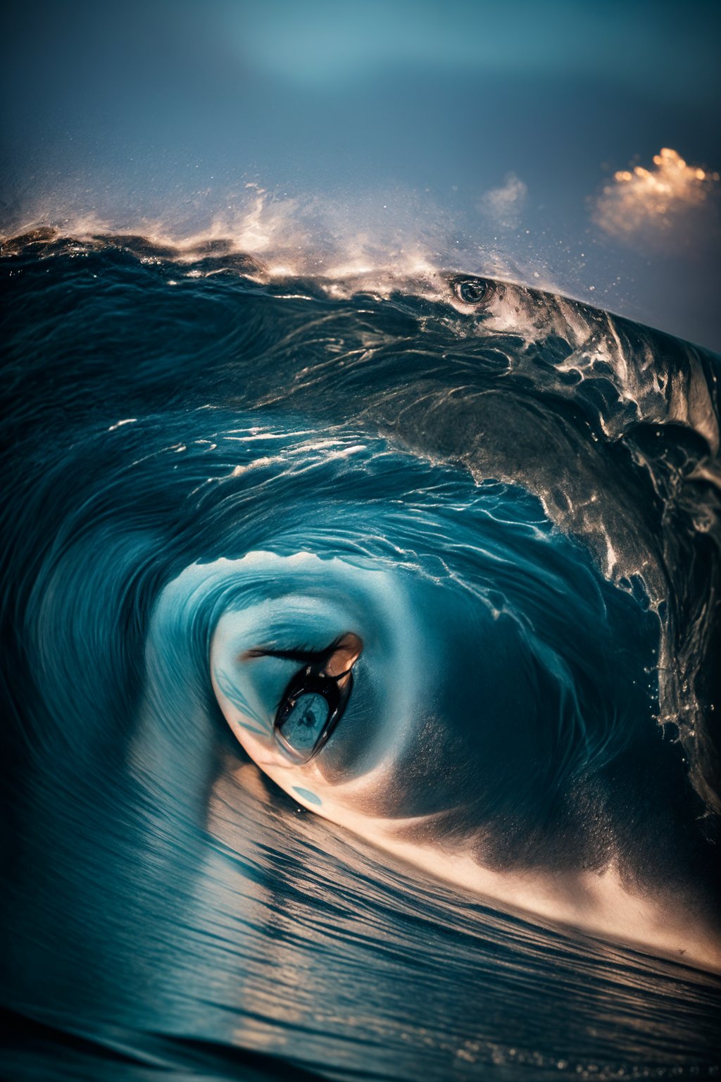 man as individual surfing a massive wave in a clear, blue ocean